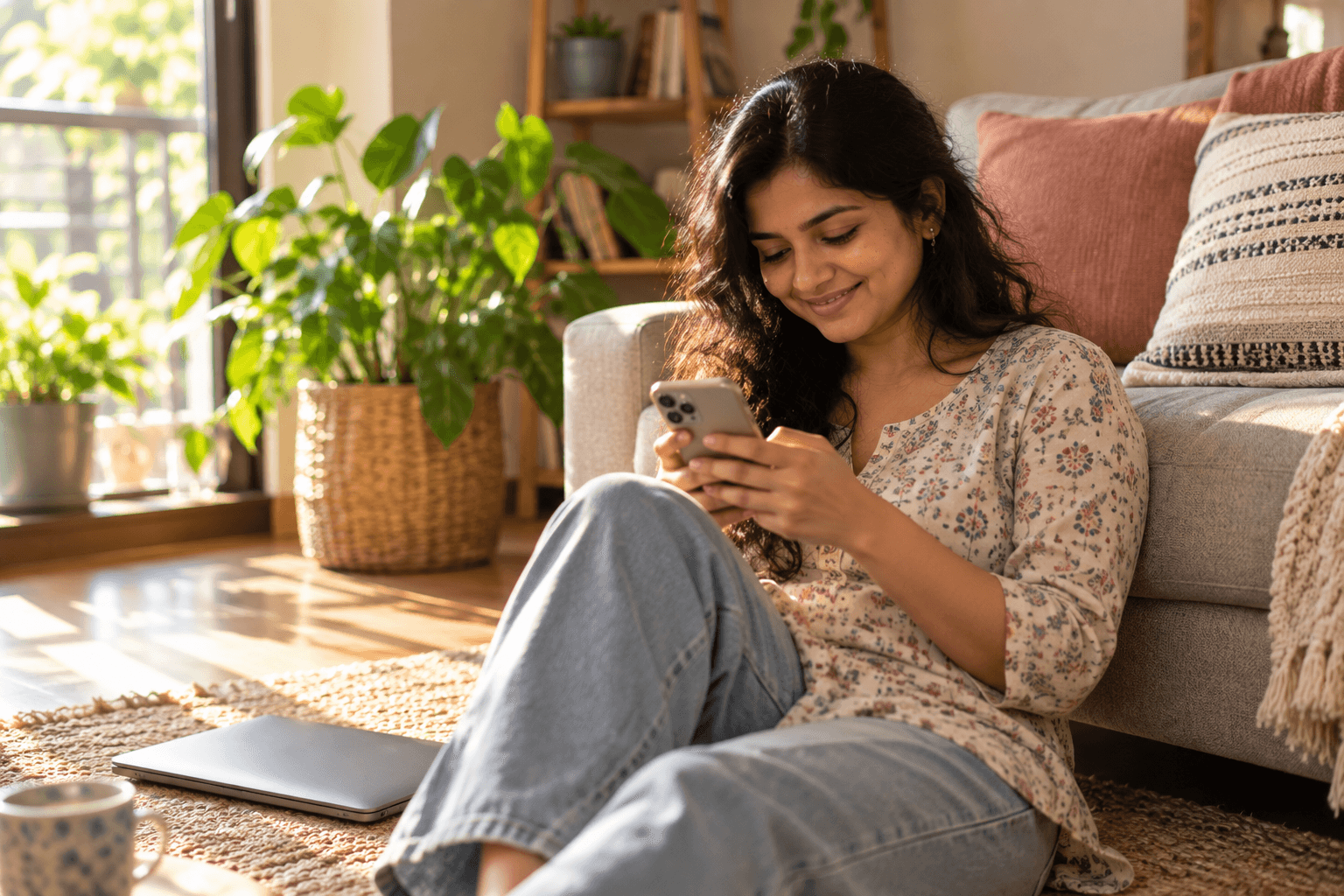 A woman at home reading the reply that arrived seconds after she commented