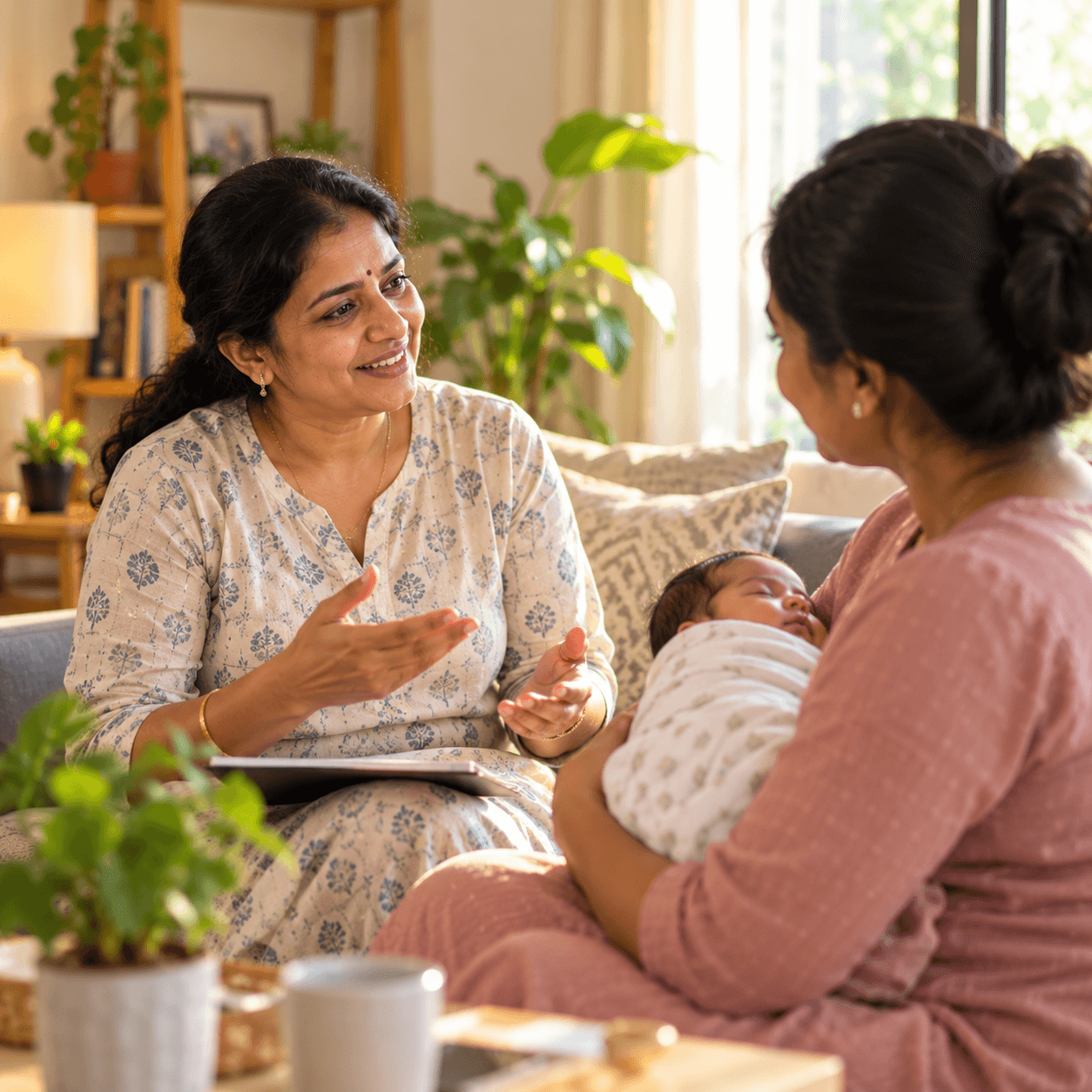 A lactation consultant talking with a new mother holding her baby