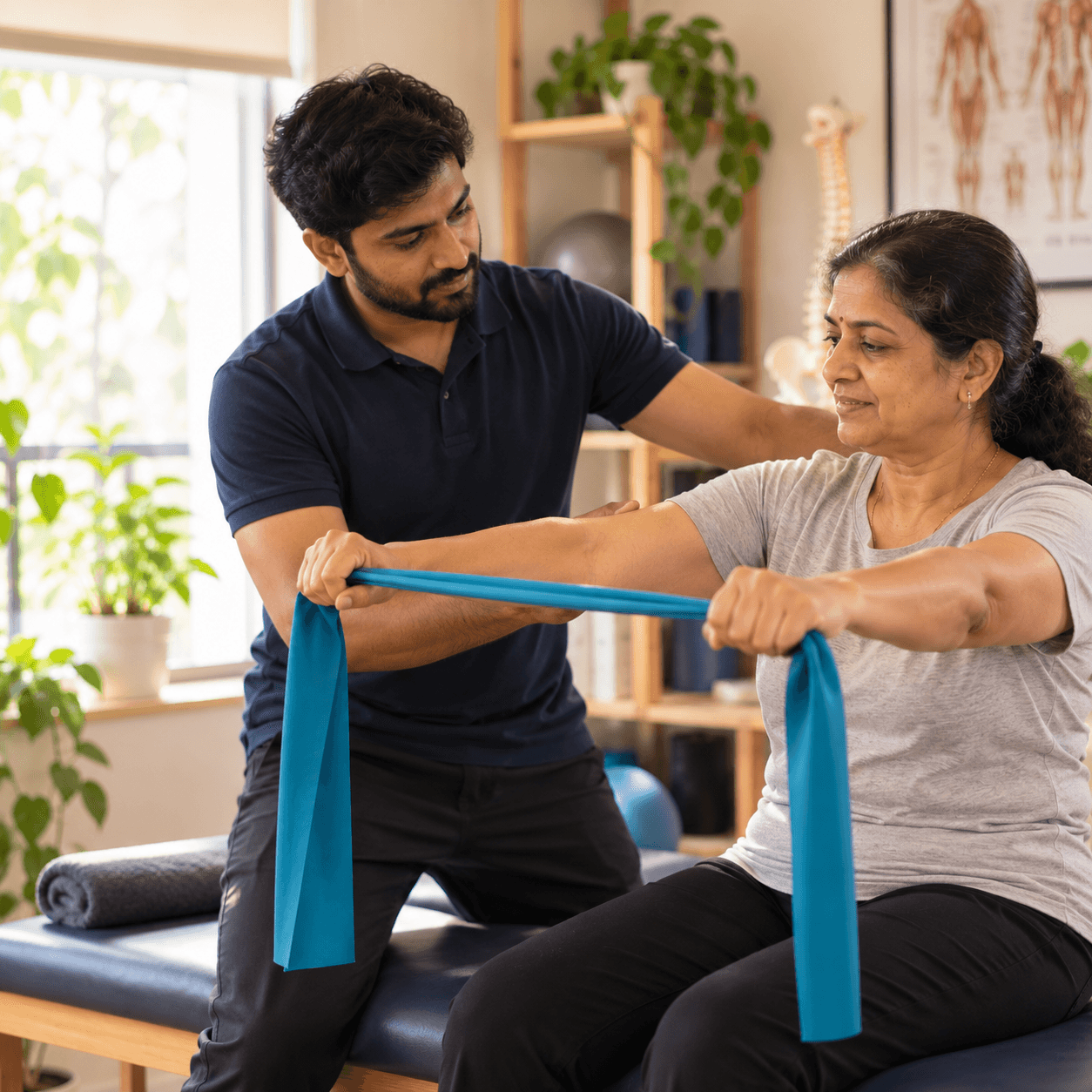 A physiotherapist guiding an older patient through a shoulder exercise