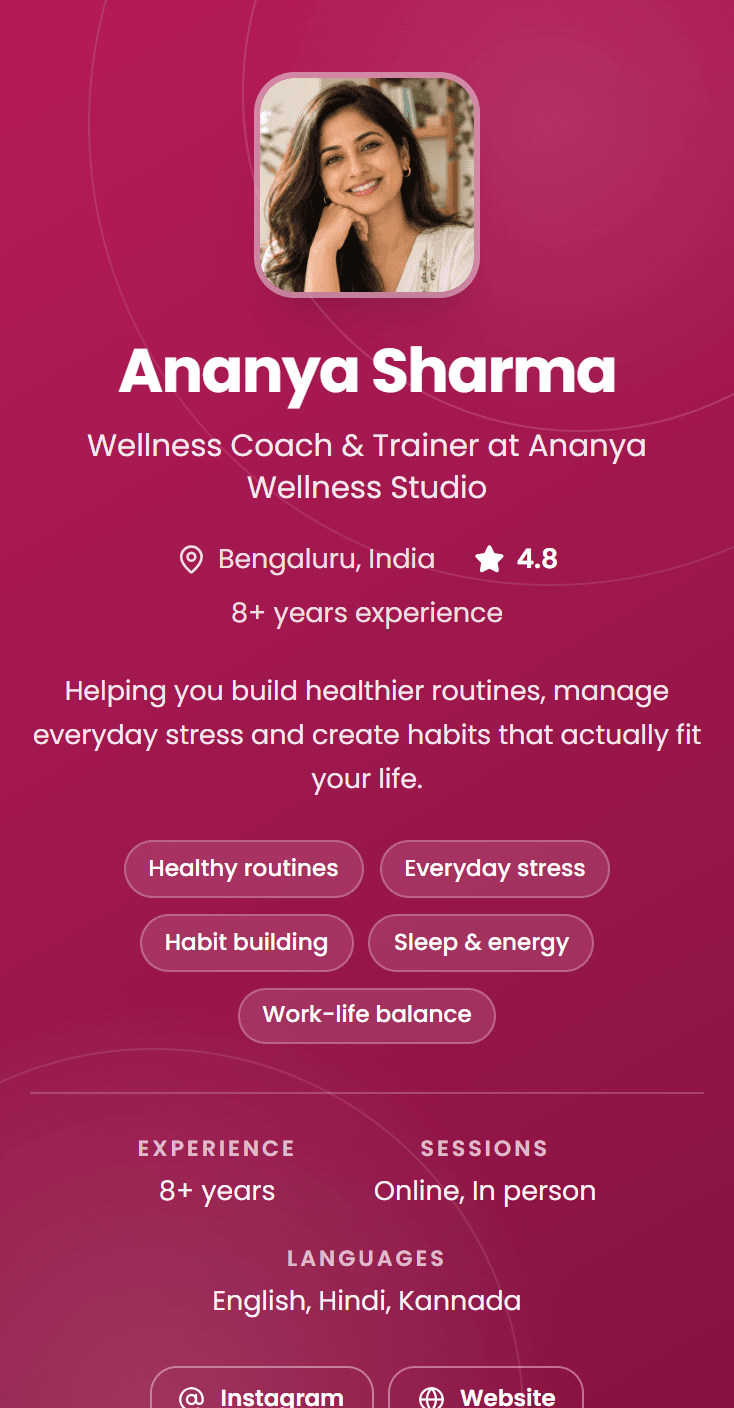 A Klippme booking page for Ananya Sharma, a wellness coach in Bengaluru, with her photo, bio and specialisations