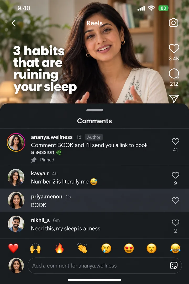 An Instagram Reel by a wellness coach with a viewer commenting BOOK