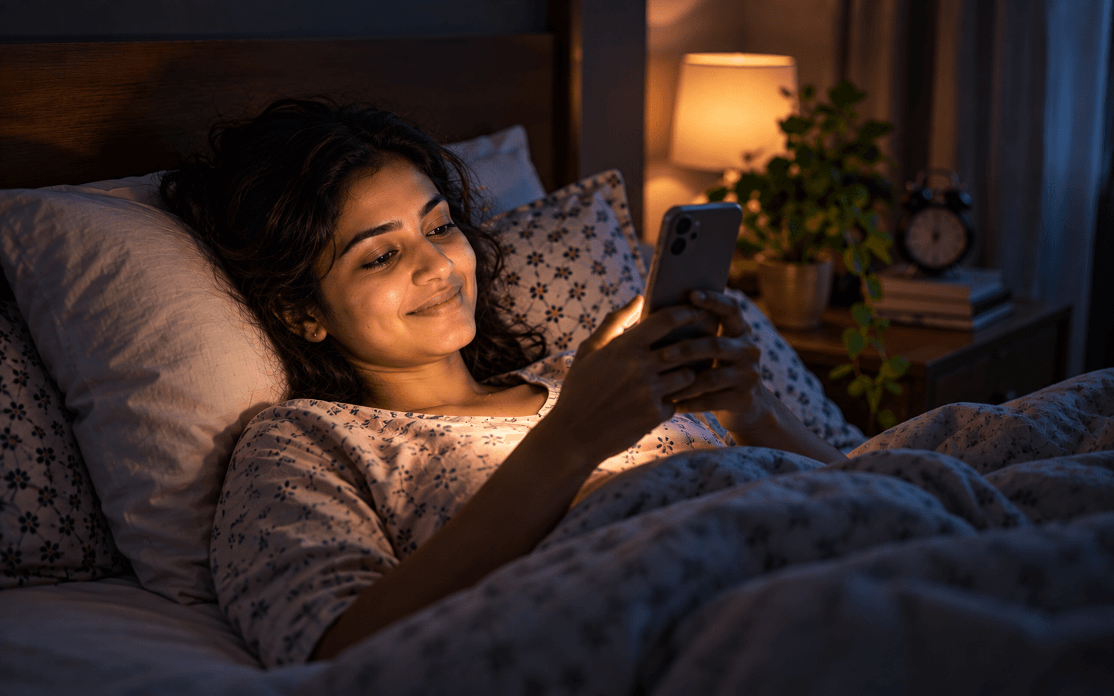 A client browsing on her phone late at night, booking while her provider sleeps
