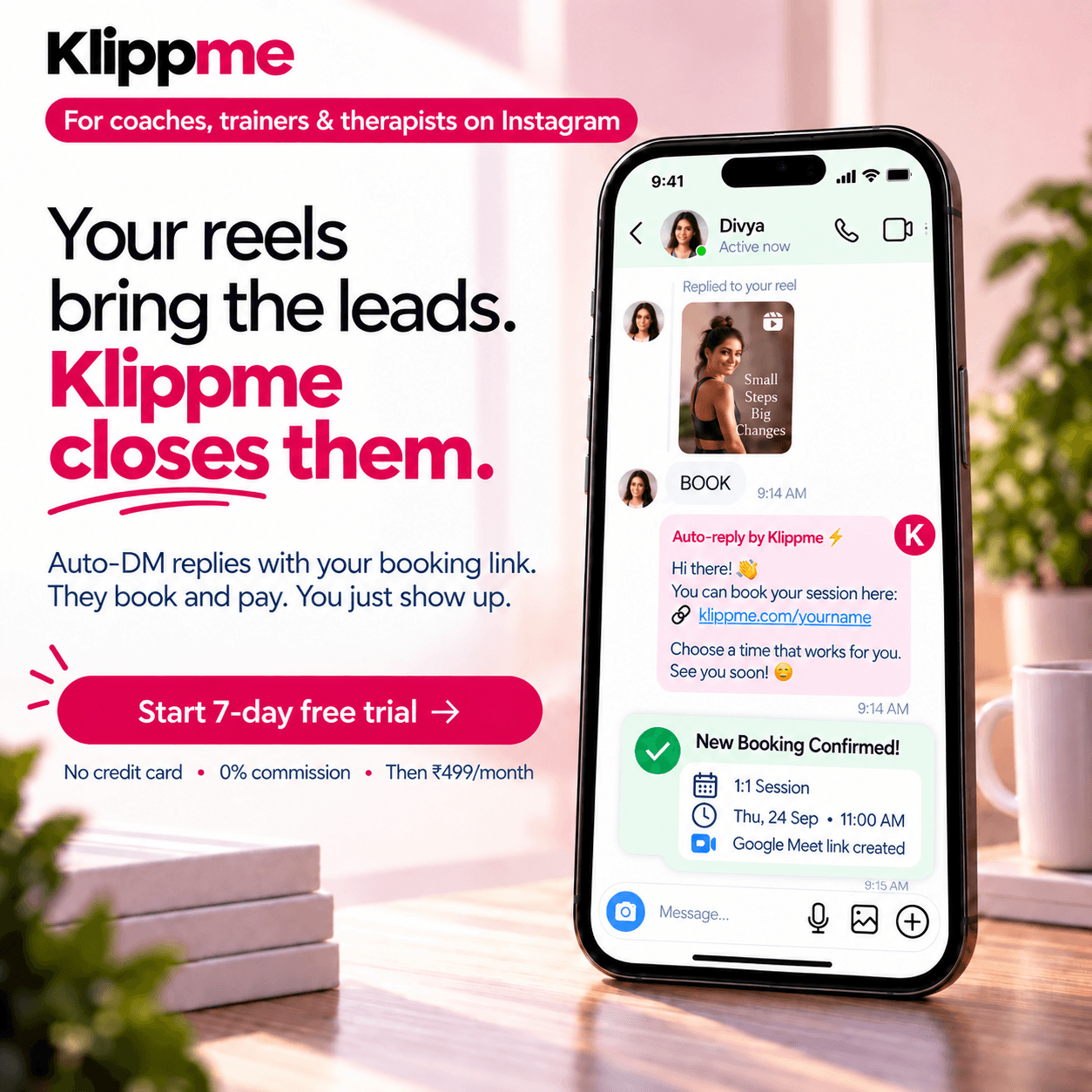 An Instagram DM where someone replies BOOK to a reel, Klippme Auto-DM answers with the booking link, and a booking is confirmed